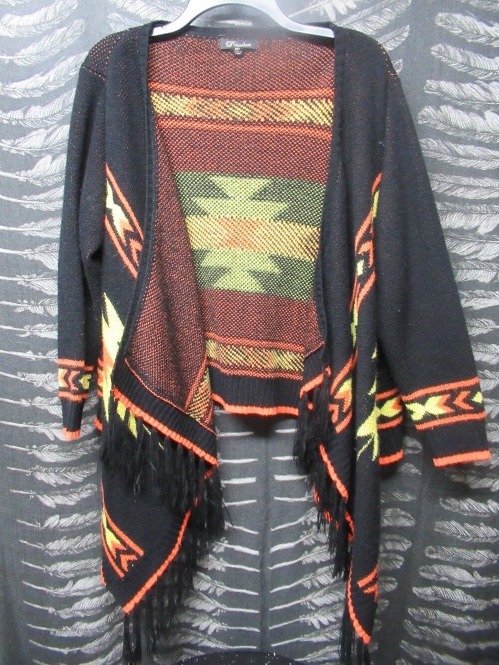 Native Print Sweater Poncho Fringe Shawl